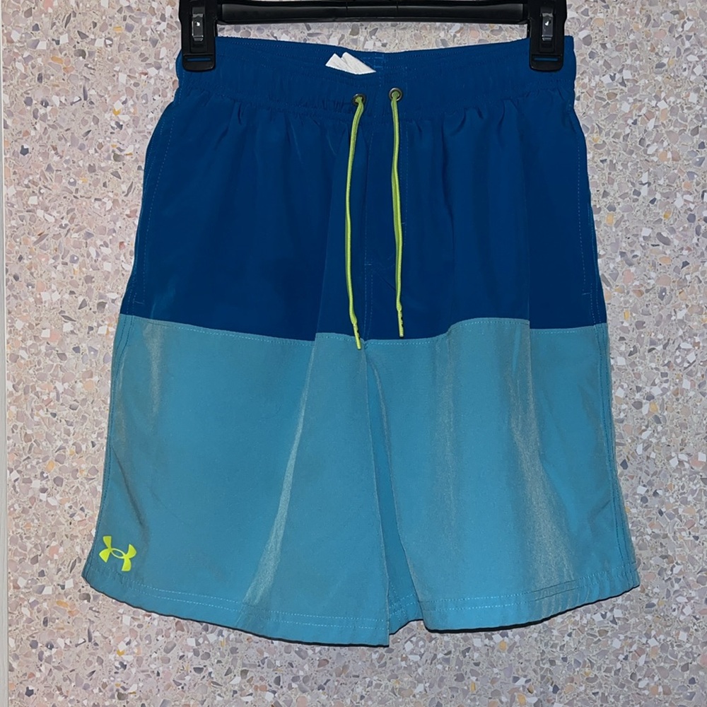 UNDER ARMOUR Blue/Aqua Color-block Swimming Trunks w/ Built-in Brief Mens Small